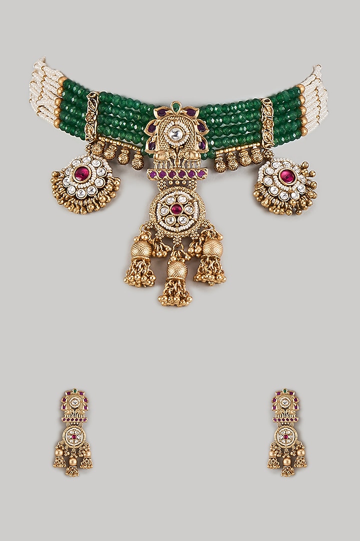 Gold Finish Uncut Zircon & Green Beaded Temple Choker Necklace Set by Aryah Jewels at Pernia's Pop Up Shop