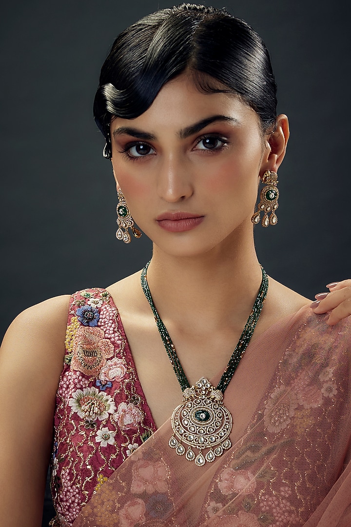 Victorian Finish Uncut Zircon & Synthetic Green Beaded Pendant Necklace Set by Aryah Jewels at Pernia's Pop Up Shop