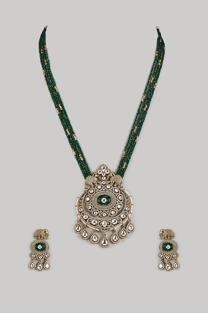 Victorian Finish Uncut Zircon & Synthetic Green Beaded Pendant Necklace Set by Aryah Jewels at Pernia's Pop Up Shop