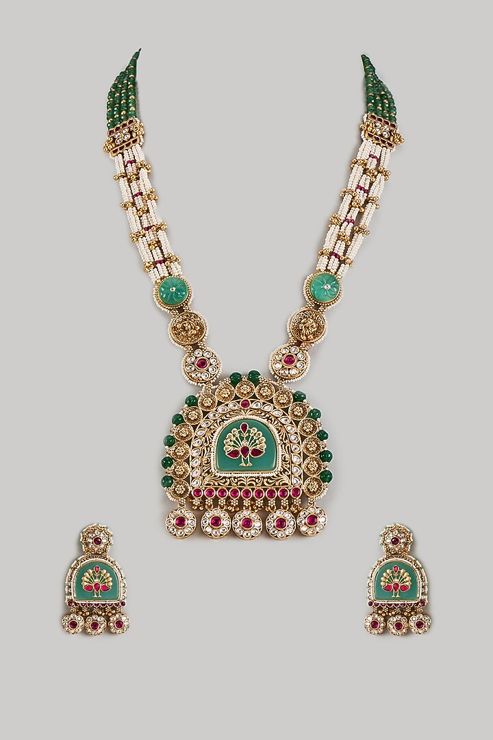 Gold Finish Uncut Zircon & Synthetic Green Beaded Pendant Necklace Set by Aryah Jewels at Pernia's Pop Up Shop