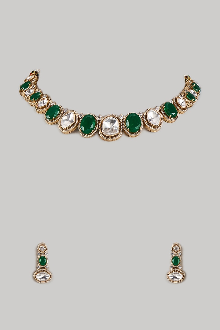 Gold Finish Uncut Zircon & Synthetic Green Beaded Choker Necklace Set by Aryah Jewels at Pernia's Pop Up Shop