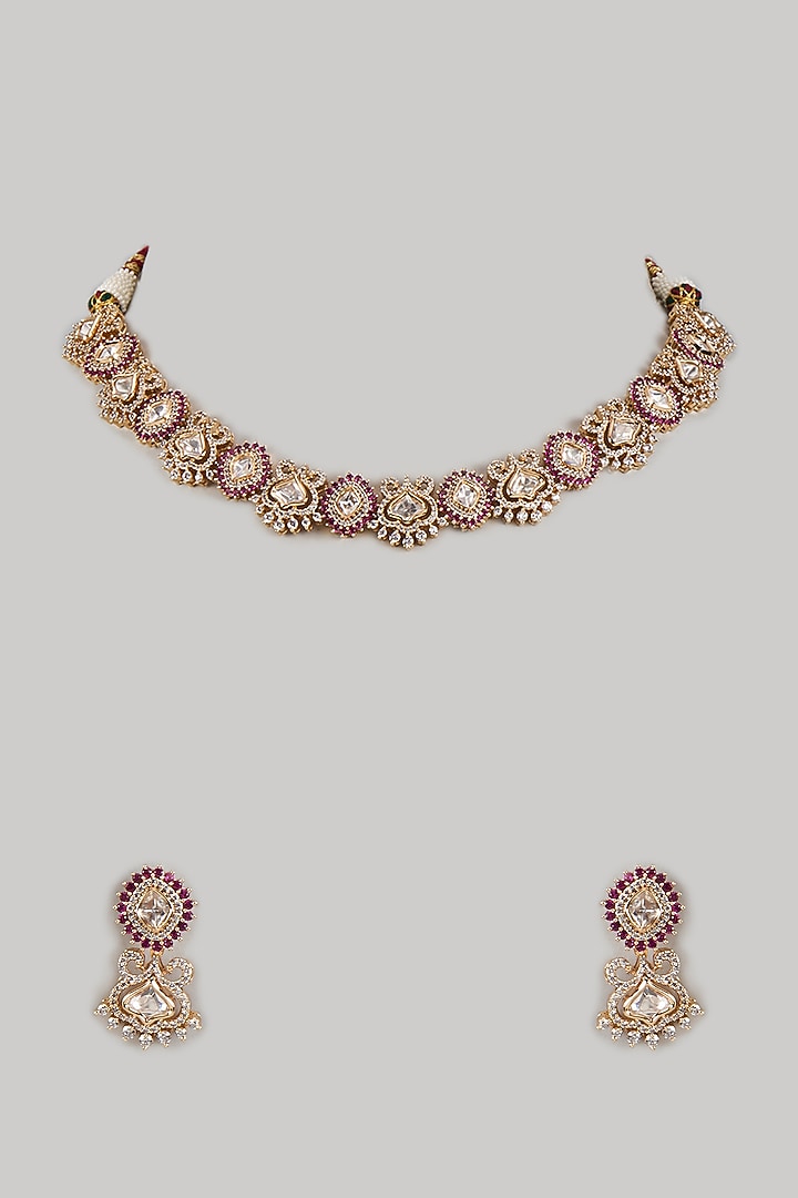 Gold Finish Uncut Zircon & Synthetic Pink Stone Choker Necklace Set by Aryah Jewels at Pernia's Pop Up Shop
