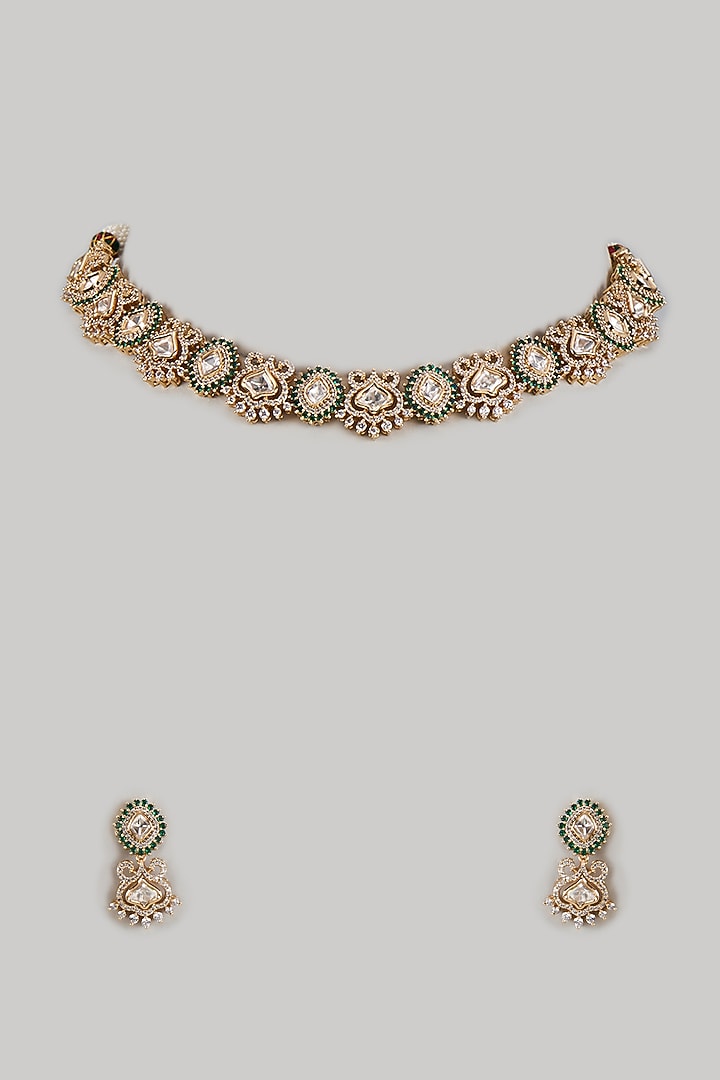 Gold Finish Uncut Zircon & Green Stone Choker Necklace Set by Aryah Jewels at Pernia's Pop Up Shop