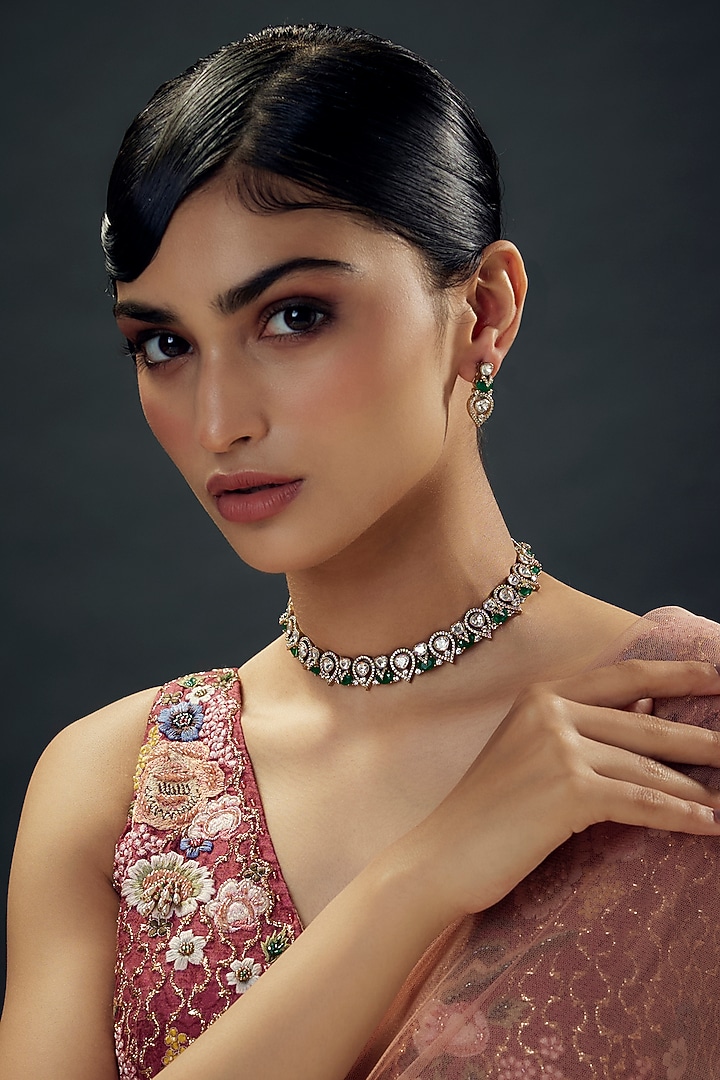 Gold Finish Uncut Zircon & Synthetic Green Stone Choker Necklace Set by Aryah Jewels at Pernia's Pop Up Shop