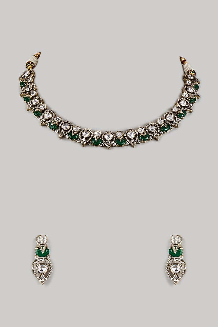 Gold Finish Uncut Zircon & Synthetic Green Stone Choker Necklace Set by Aryah Jewels at Pernia's Pop Up Shop
