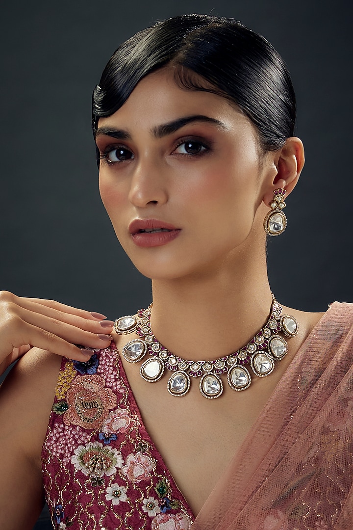 Victorian Finish Uncut Zircon & Synthetic Pink Stone Choker Necklace Set by Aryah Jewels at Pernia's Pop Up Shop