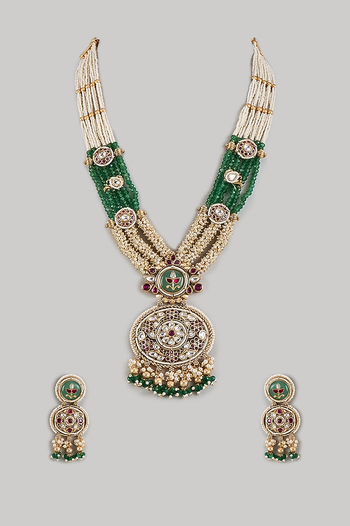 Gold Finish Uncut Zircon & Emerald Beaded Pendant Jadtar Necklace Set by Aryah Jewels at Pernia's Pop Up Shop