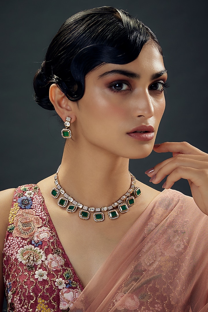 Victorian Finish Uncut Zircon & Synthetic Emerald Green Stone Choker Necklace Set by Aryah Jewels at Pernia's Pop Up Shop