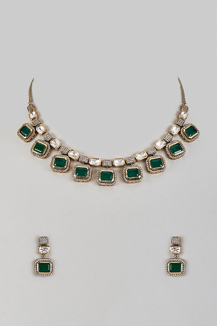 Victorian Finish Uncut Zircon & Synthetic Emerald Green Stone Choker Necklace Set by Aryah Jewels at Pernia's Pop Up Shop