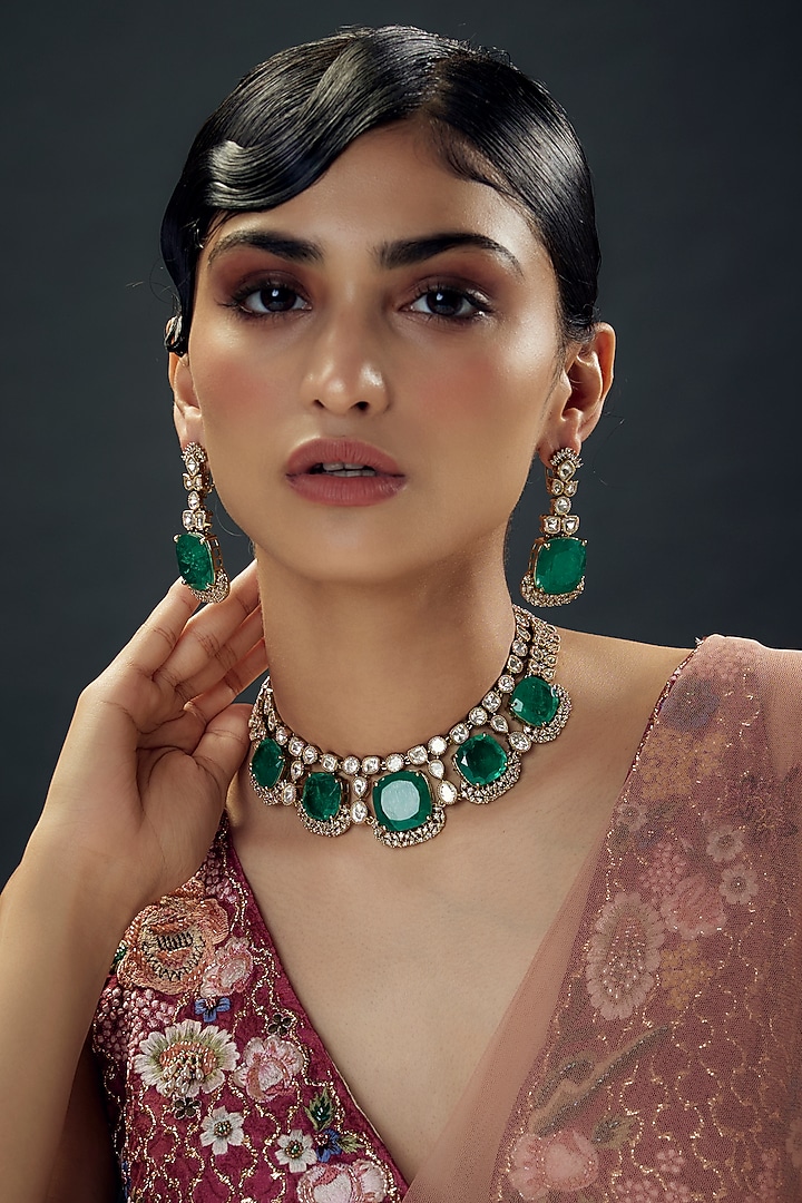 Victorian Finish Uncut Zircon & Synthetic Emerald Green Stone Choker Necklace Set by Aryah Jewels at Pernia's Pop Up Shop