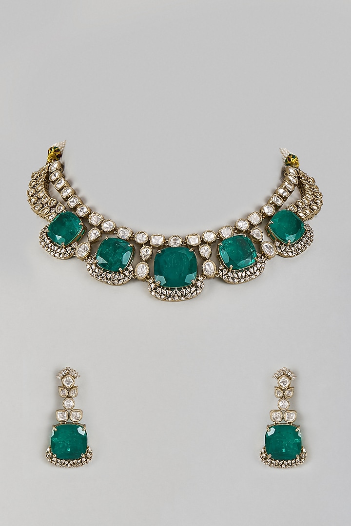 Victorian Finish Uncut Zircon & Synthetic Emerald Green Stone Choker Necklace Set by Aryah Jewels at Pernia's Pop Up Shop