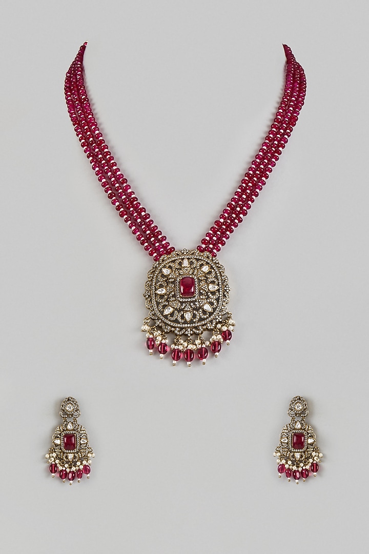 Victorian Finish Uncut Zircon & Pink Beaded Pendant Necklace Set by Aryah Jewels at Pernia's Pop Up Shop