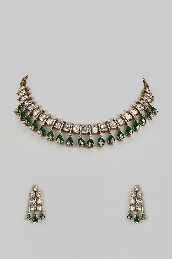 Victorian Finish Uncut Zircon & Synthetic Green Emerald Stone Choker Necklace Set by Aryah Jewels at Pernia's Pop Up Shop