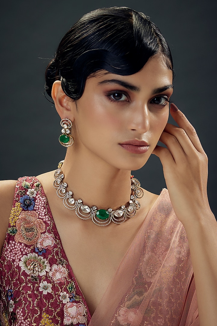 Victorian Finish Uncut Zircon & Synthetic Green Emerald Stone Choker Necklace Set by Aryah Jewels at Pernia's Pop Up Shop