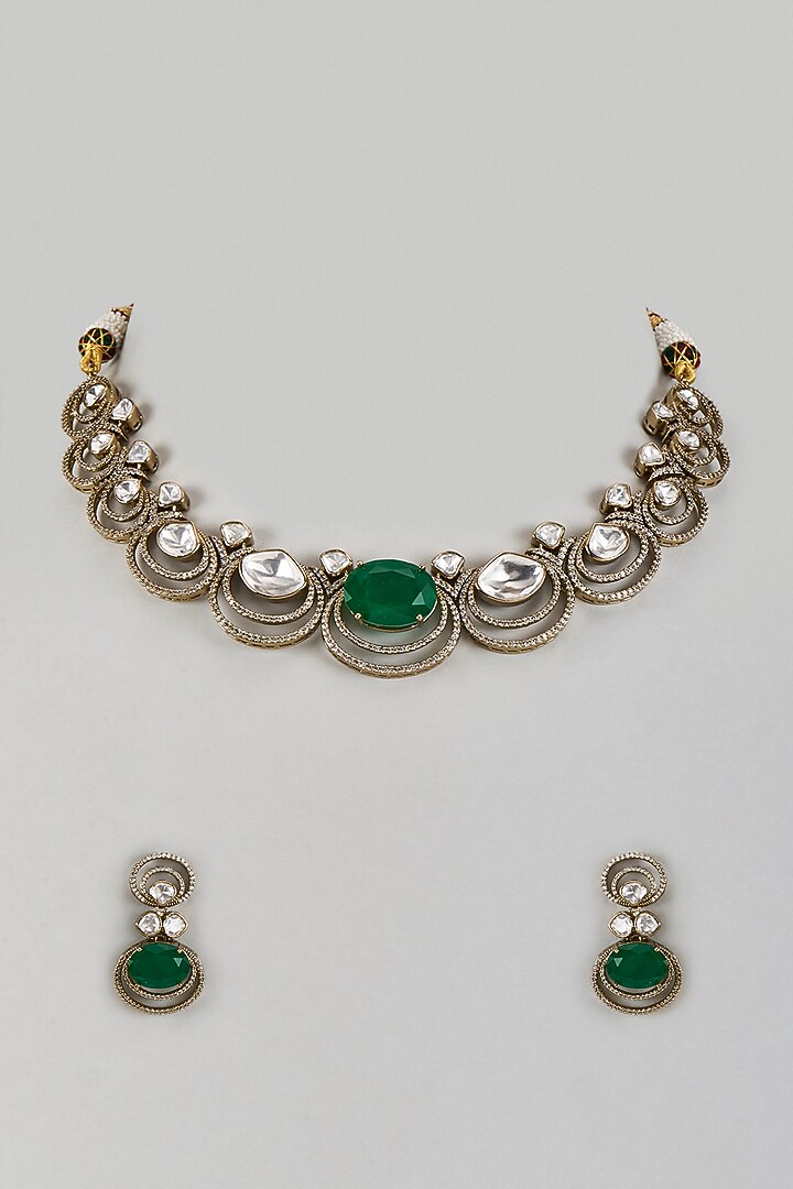 Victorian Finish Uncut Zircon & Synthetic Green Emerald Stone Choker Necklace Set by Aryah Jewels at Pernia's Pop Up Shop