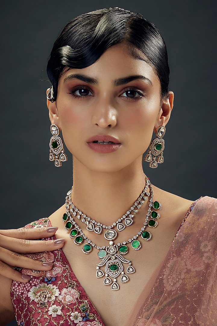 Victorian Finish Uncut Zircon & Synthetic Green Stone Layered Necklace Set by Aryah Jewels at Pernia's Pop Up Shop
