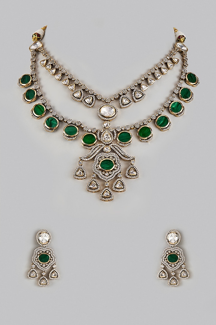 Victorian Finish Uncut Zircon & Synthetic Green Stone Layered Necklace Set by Aryah Jewels at Pernia's Pop Up Shop