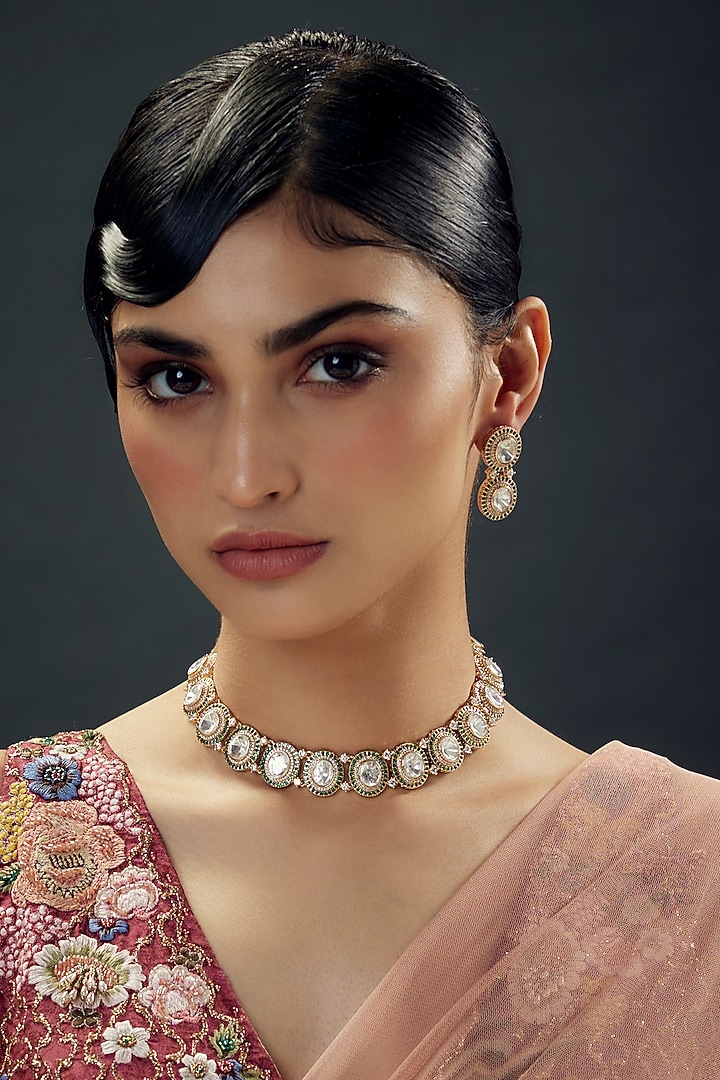 Gold Finish Uncut Zircon & Synthetic Green Stone Choker Necklace Set by Aryah Jewels at Pernia's Pop Up Shop