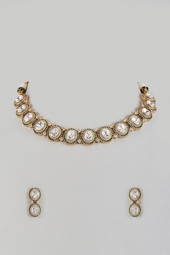 Gold Finish Uncut Zircon & Synthetic Green Stone Choker Necklace Set by Aryah Jewels at Pernia's Pop Up Shop