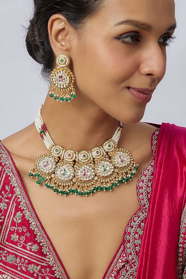 Gold Finish Uncut Zircon & Green Semi-Precious Stone Choker Necklace Set by Aryah Jewels at Pernia's Pop Up Shop