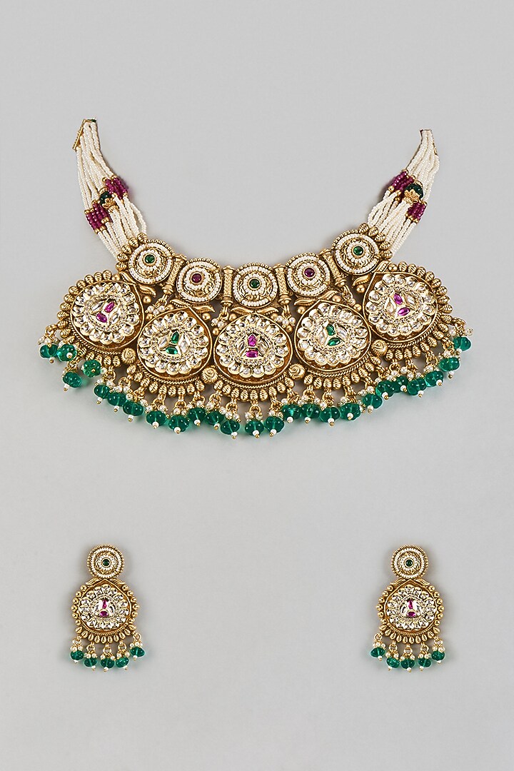 Gold Finish Uncut Zircon & Green Semi-Precious Stone Choker Necklace Set by Aryah Jewels at Pernia's Pop Up Shop