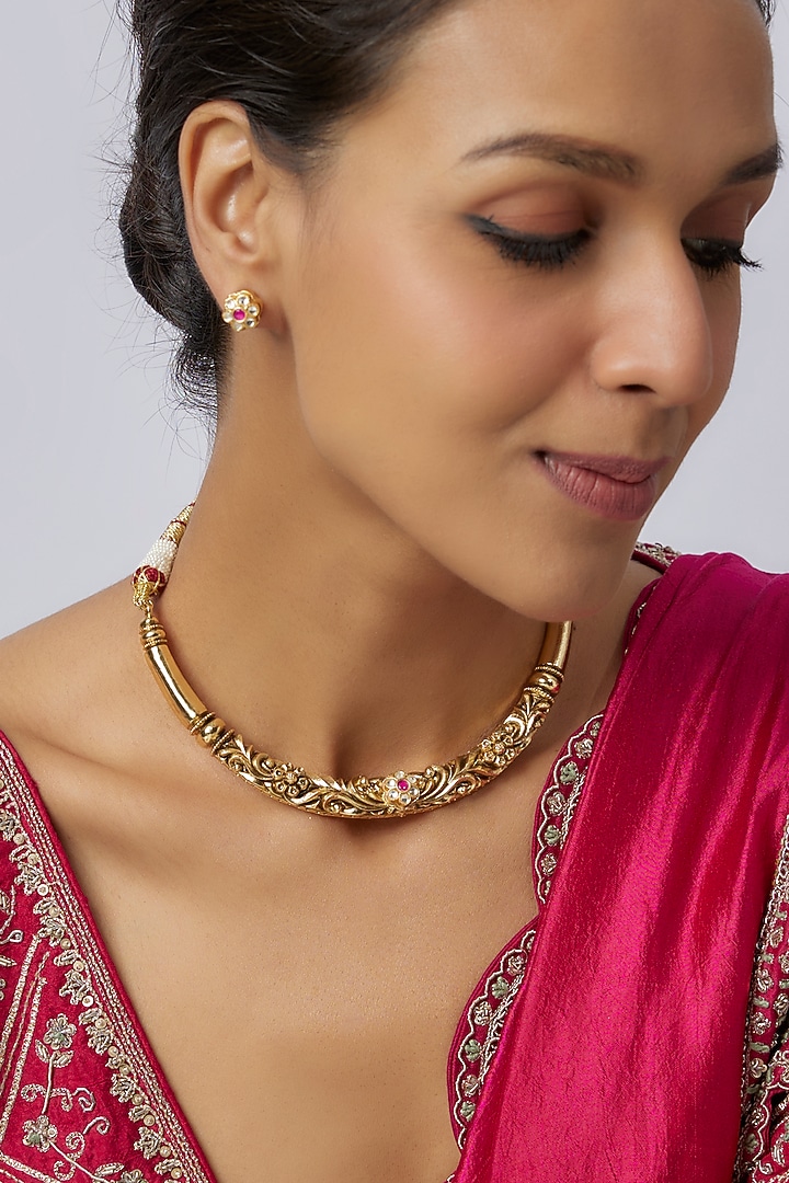 Gold Finish Uncut Zircon & Synthetic Ruby Red Stone Choker Necklace Set by Aryah Jewels at Pernia's Pop Up Shop
