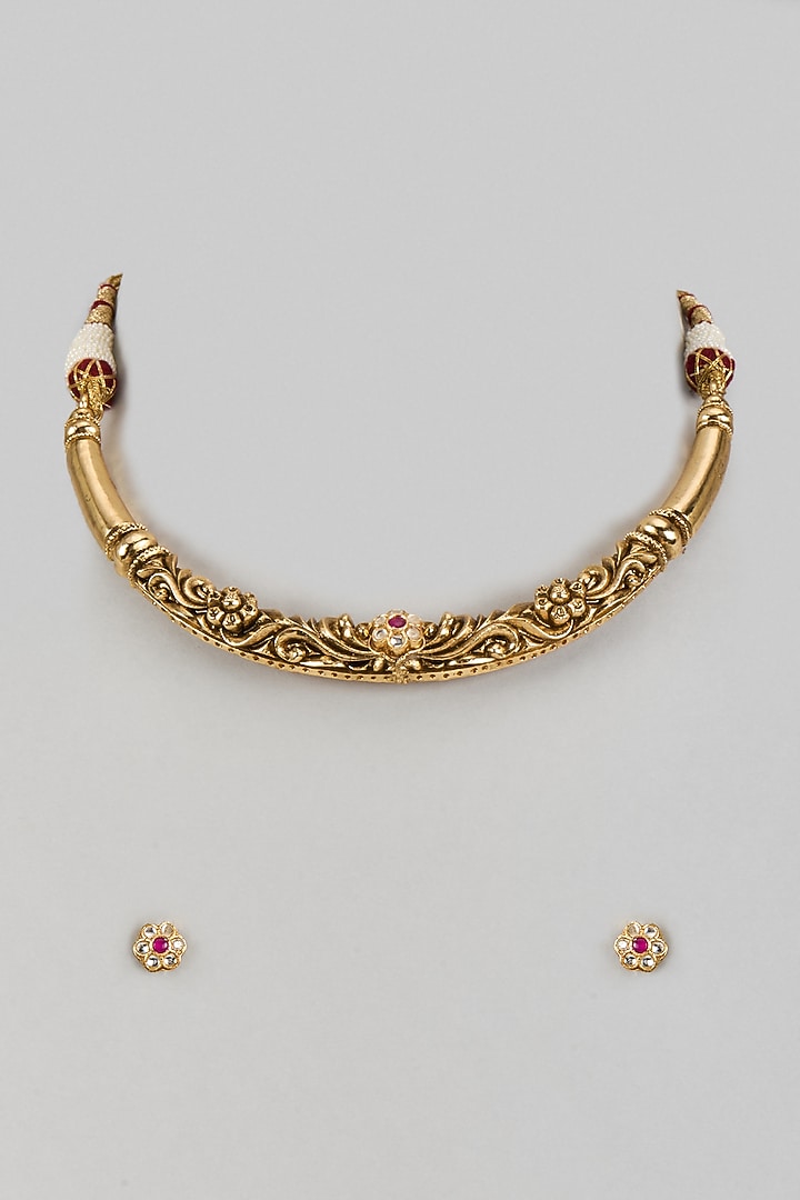 Gold Finish Uncut Zircon & Synthetic Ruby Red Stone Choker Necklace Set by Aryah Jewels at Pernia's Pop Up Shop