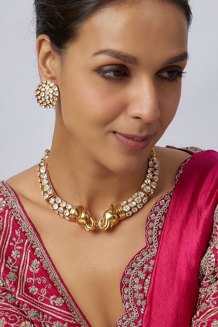 Gold Finish Uncut Zircon Choker Necklace Set by Aryah Jewels at Pernia's Pop Up Shop