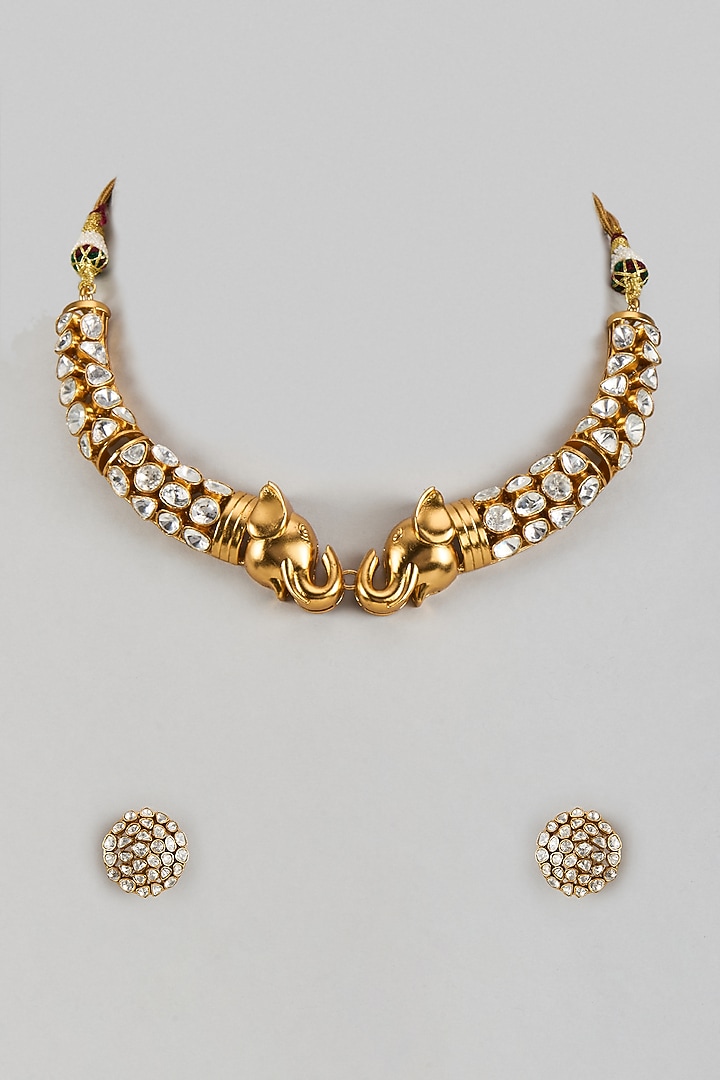 Gold Finish Uncut Zircon Choker Necklace Set by Aryah Jewels at Pernia's Pop Up Shop