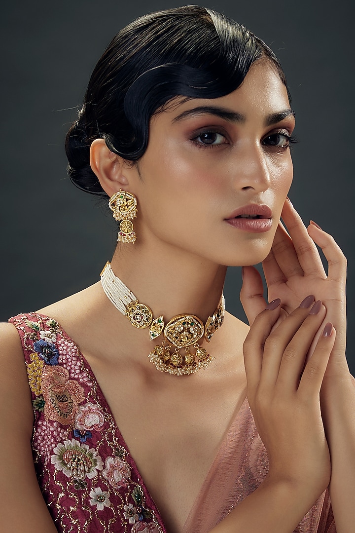 Gold Finish Uncut Zircon & Red Semi-Precious Stone Choker Necklace Set by Aryah Jewels at Pernia's Pop Up Shop