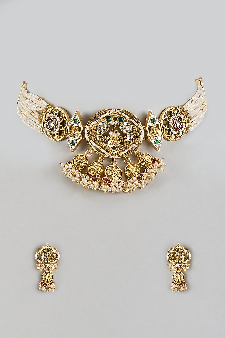 Gold Finish Uncut Zircon & Red Semi-Precious Stone Choker Necklace Set by Aryah Jewels at Pernia's Pop Up Shop