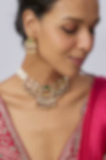 Gold Finish Uncut Zircon & Red Semi-Precious Stone Temple Choker Necklace Set by Aryah Jewels at Pernia's Pop Up Shop