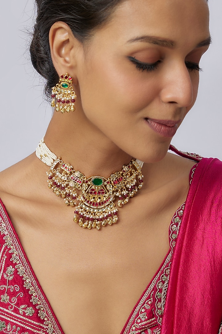 Gold Finish Uncut Zircon & Red Semi-Precious Stone Temple Choker Necklace Set by Aryah Jewels at Pernia's Pop Up Shop