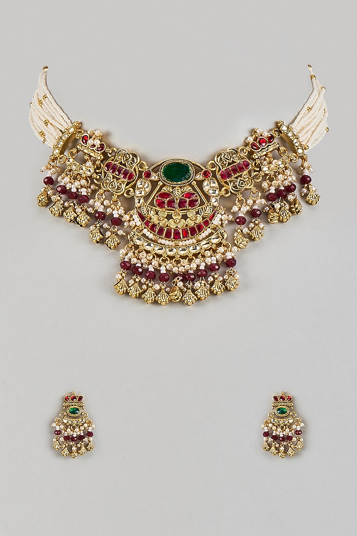 Gold Finish Uncut Zircon & Red Semi-Precious Stone Temple Choker Necklace Set by Aryah Jewels at Pernia's Pop Up Shop