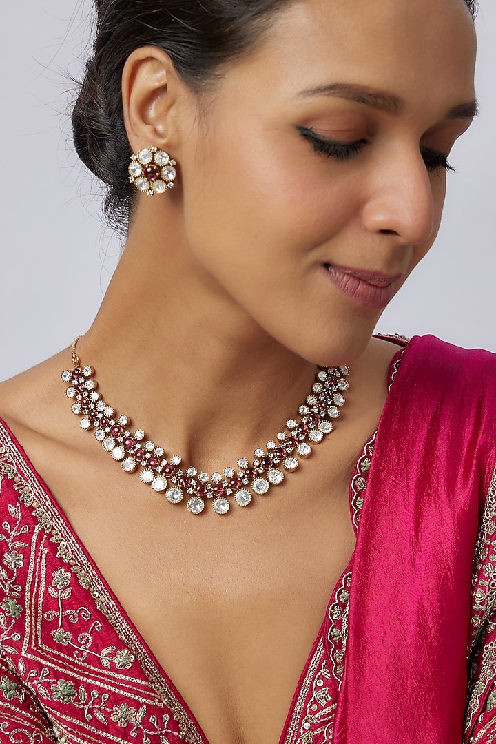 Victorian Finish Uncut Zircon & Ruby Synthetic Stone Choker Necklace Set by Aryah Jewels at Pernia's Pop Up Shop