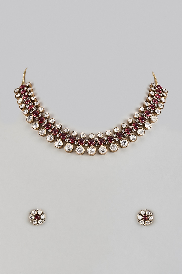 Victorian Finish Uncut Zircon & Ruby Synthetic Stone Choker Necklace Set by Aryah Jewels at Pernia's Pop Up Shop