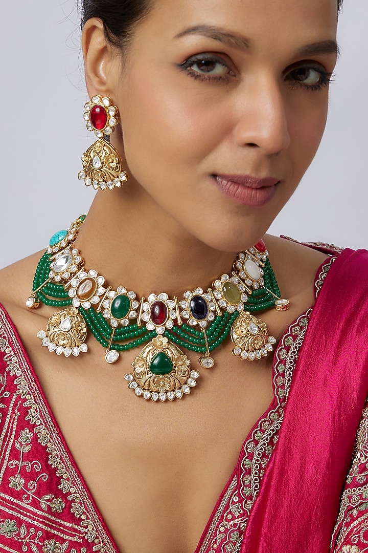 Gold Finish Uncut Zircon & Multi-Colored Semi-Precious Stone Choker Necklace Set by Aryah Jewels at Pernia's Pop Up Shop