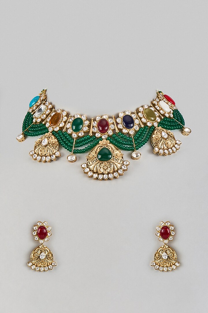 Gold Finish Uncut Zircon & Multi-Colored Semi-Precious Stone Choker Necklace Set by Aryah Jewels at Pernia's Pop Up Shop