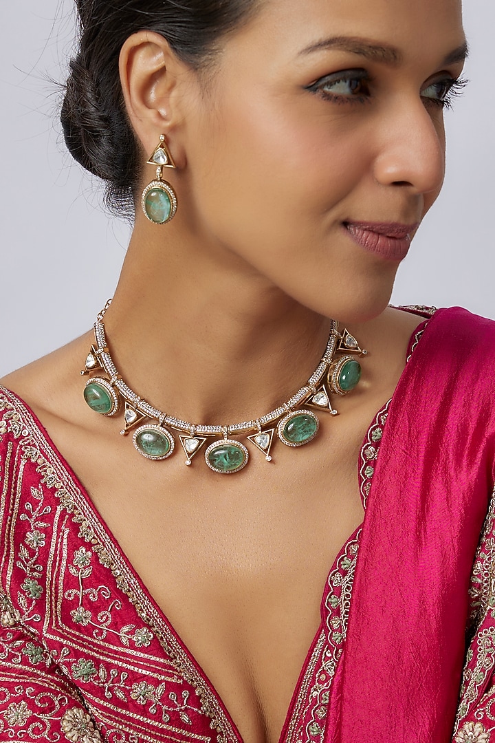Victorian Finish Uncut Zircon & Mint Green Semi-Precious Stone Choker Necklace Set by Aryah Jewels at Pernia's Pop Up Shop