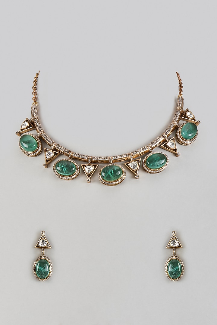 Victorian Finish Uncut Zircon & Mint Green Semi-Precious Stone Choker Necklace Set by Aryah Jewels at Pernia's Pop Up Shop
