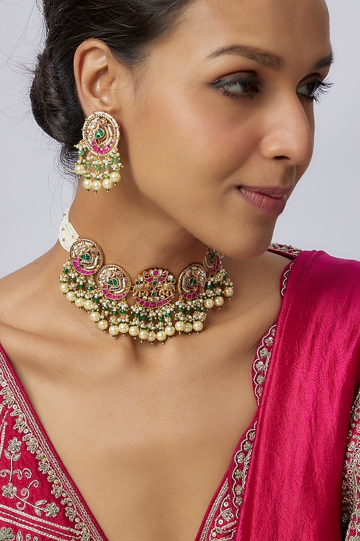 Gold Finish Uncut Zircon & Pink Synthetic Stone Choker Necklace Set by Aryah Jewels at Pernia's Pop Up Shop