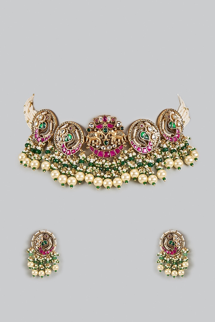 Gold Finish Uncut Zircon & Pink Synthetic Stone Choker Necklace Set by Aryah Jewels at Pernia's Pop Up Shop