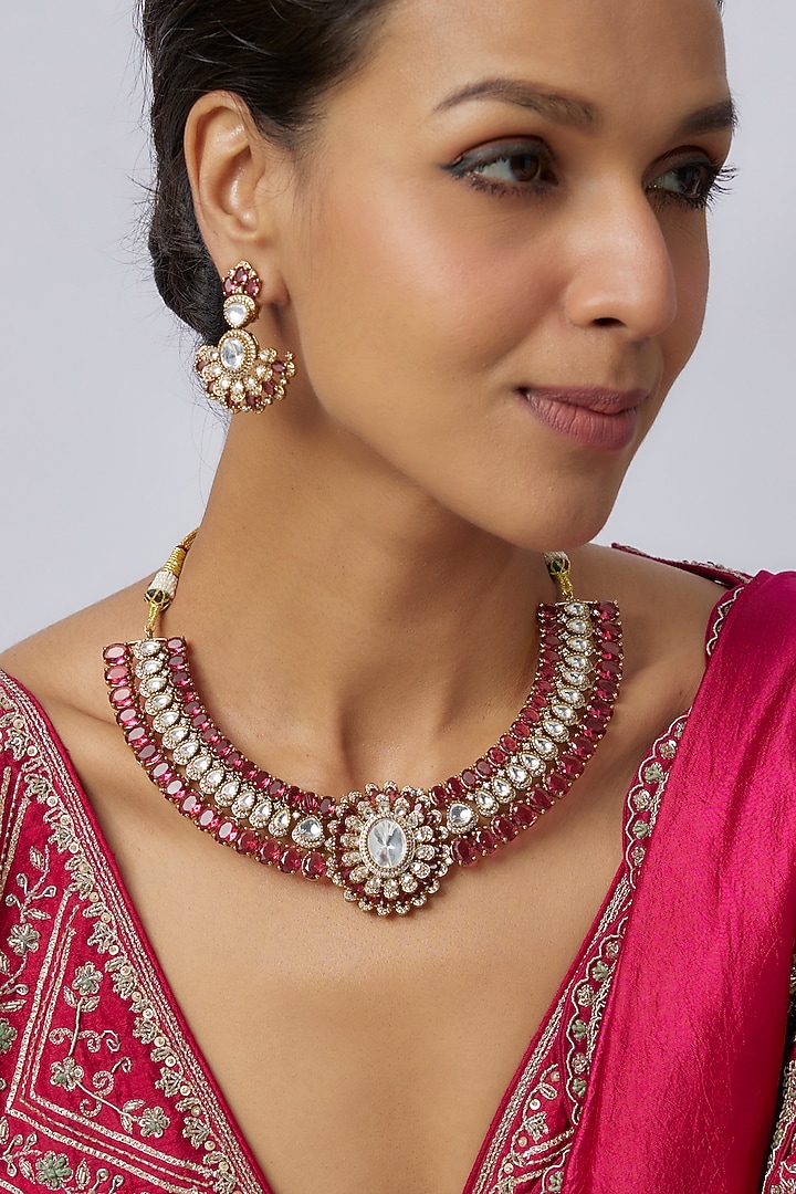Victorian Finish uncut Zircon & Ruby Stone Choker Necklace Set by Aryah Jewels at Pernia's Pop Up Shop