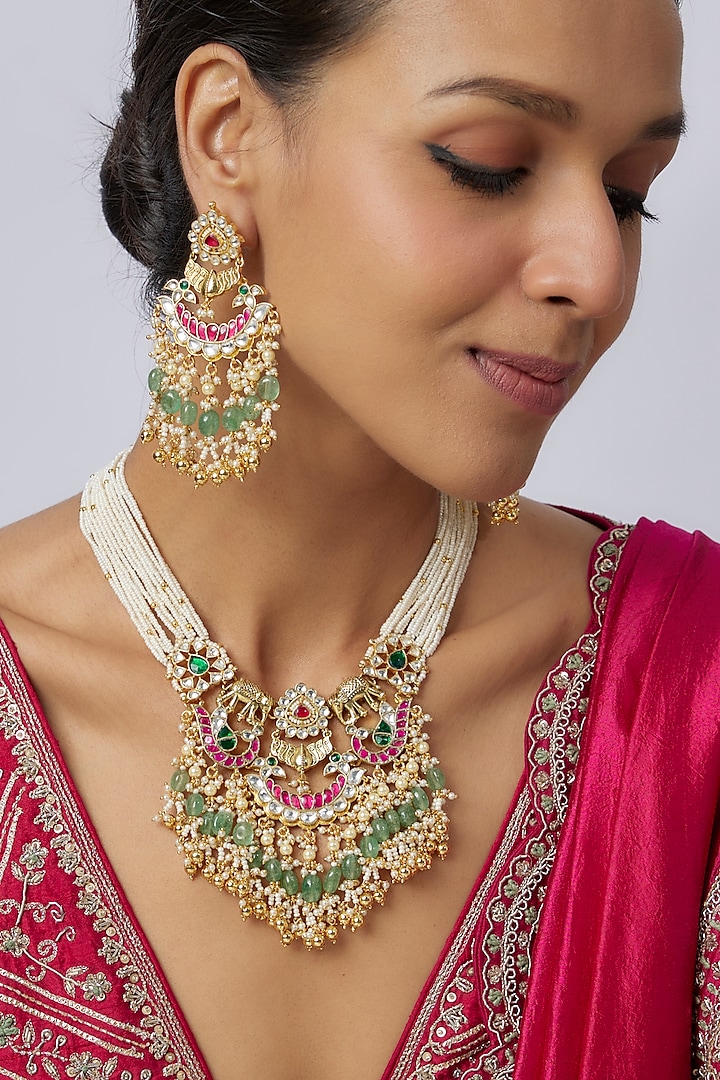Gold Finish Uncut Zircon & Pink Synthetic Stone Choker Necklace Set by Aryah Jewels at Pernia's Pop Up Shop