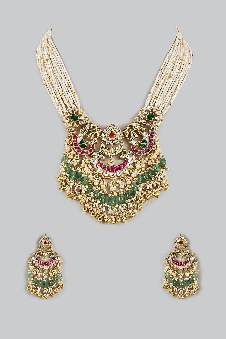 Gold Finish Uncut Zircon & Pink Synthetic Stone Choker Necklace Set by Aryah Jewels at Pernia's Pop Up Shop