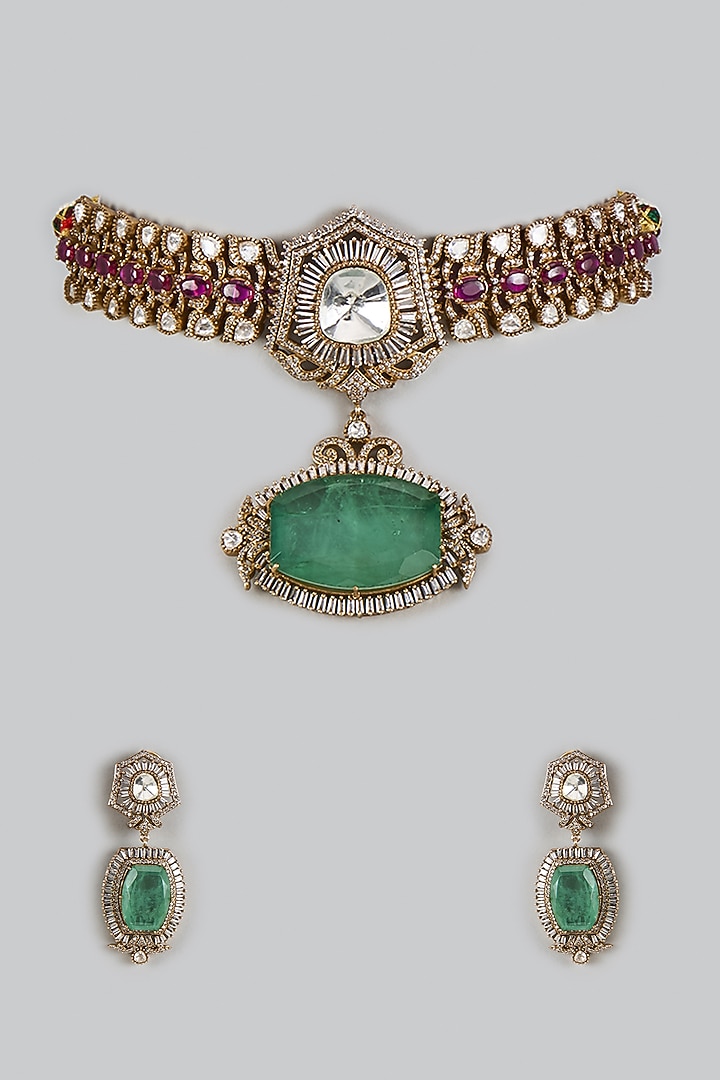 Victorian Finish Uncut Zircon & Ruby Stone Choker Necklace Set by Aryah Jewels at Pernia's Pop Up Shop