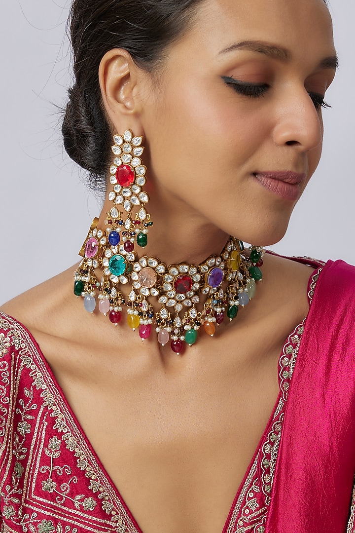 Victorian Finish Uncut Zircon & Multi-Colored Semi-Precious Stone Choker Necklace Set by Aryah Jewels at Pernia's Pop Up Shop