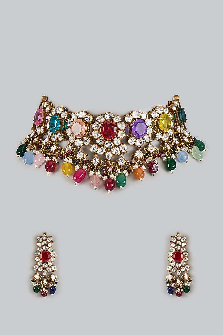 Victorian Finish Uncut Zircon & Multi-Colored Semi-Precious Stone Choker Necklace Set by Aryah Jewels at Pernia's Pop Up Shop