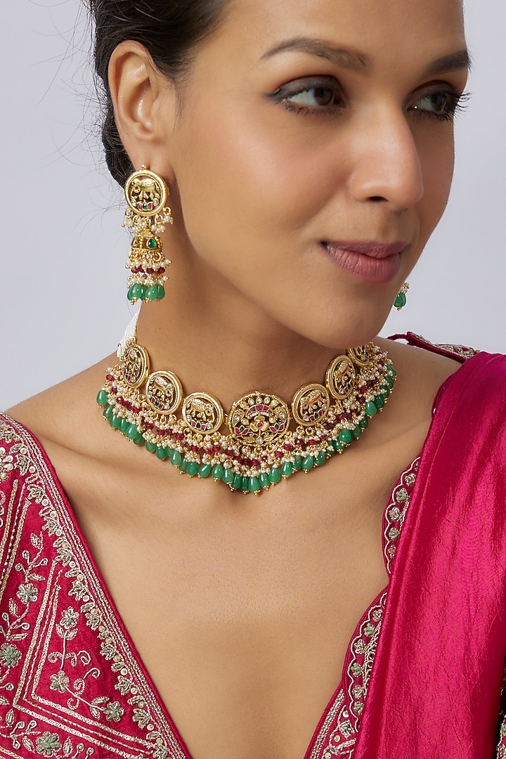 Gold Finish Uncut Zircon & Pearl Choker Necklace Set by Aryah Jewels at Pernia's Pop Up Shop
