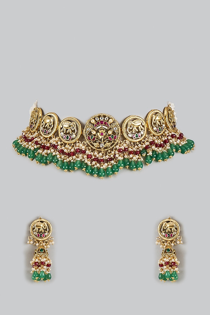 Gold Finish Uncut Zircon & Pearl Choker Necklace Set by Aryah Jewels at Pernia's Pop Up Shop